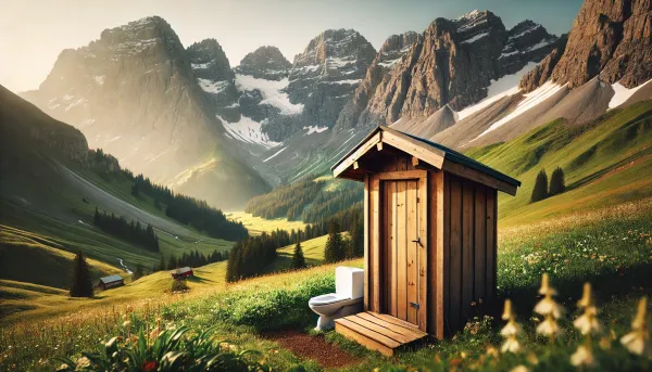 KI Bild hölzernes Toilettenhaus mit Berglandschaft im Hintergrund